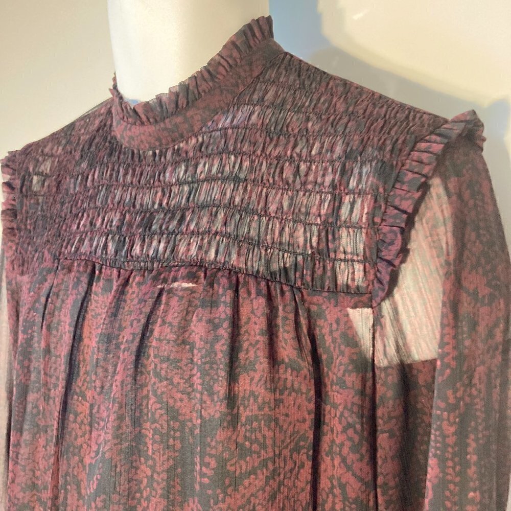 Who What Wear SZL Black sheer top wine print Smocking Whimsigoth Fairy Boho Chic